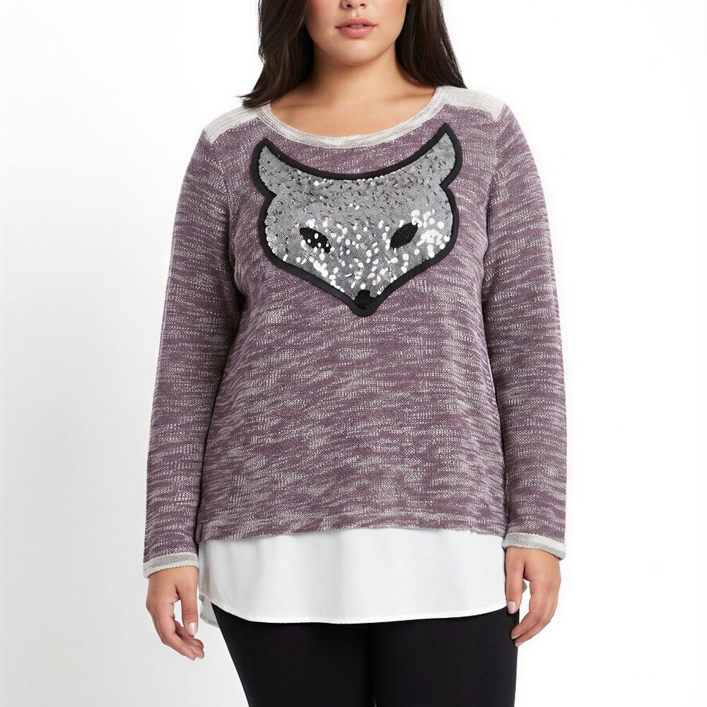 Avenue Fox Sweater Size 18/20 Women's Plus Burgundy Cream Matte Silver Sequins
